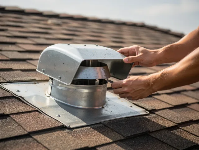 Richmond Heights Dryer Vent Cleaning certified technician safely cleaning a roof-mounted dryer vent in Richmond Heights