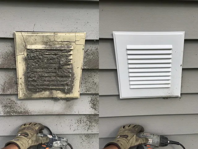 Richmond Heights Dryer Vent Cleaning technician installing high-quality dryer vent cover at a residential property in Richmond Heights