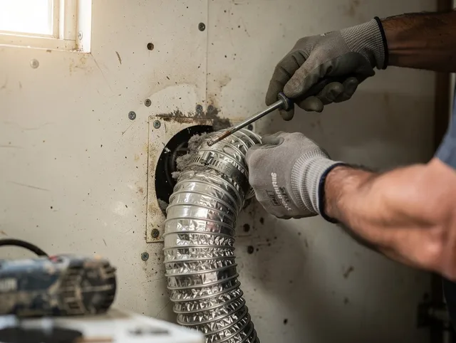Richmond Heights Dryer Vent Cleaning technician performing precise dryer vent hose installation in Richmond Heights